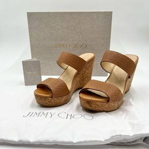 GUC Jimmy Choo Wedge Sandals Tan Leather Cork Sole US 9 / EU 39.5